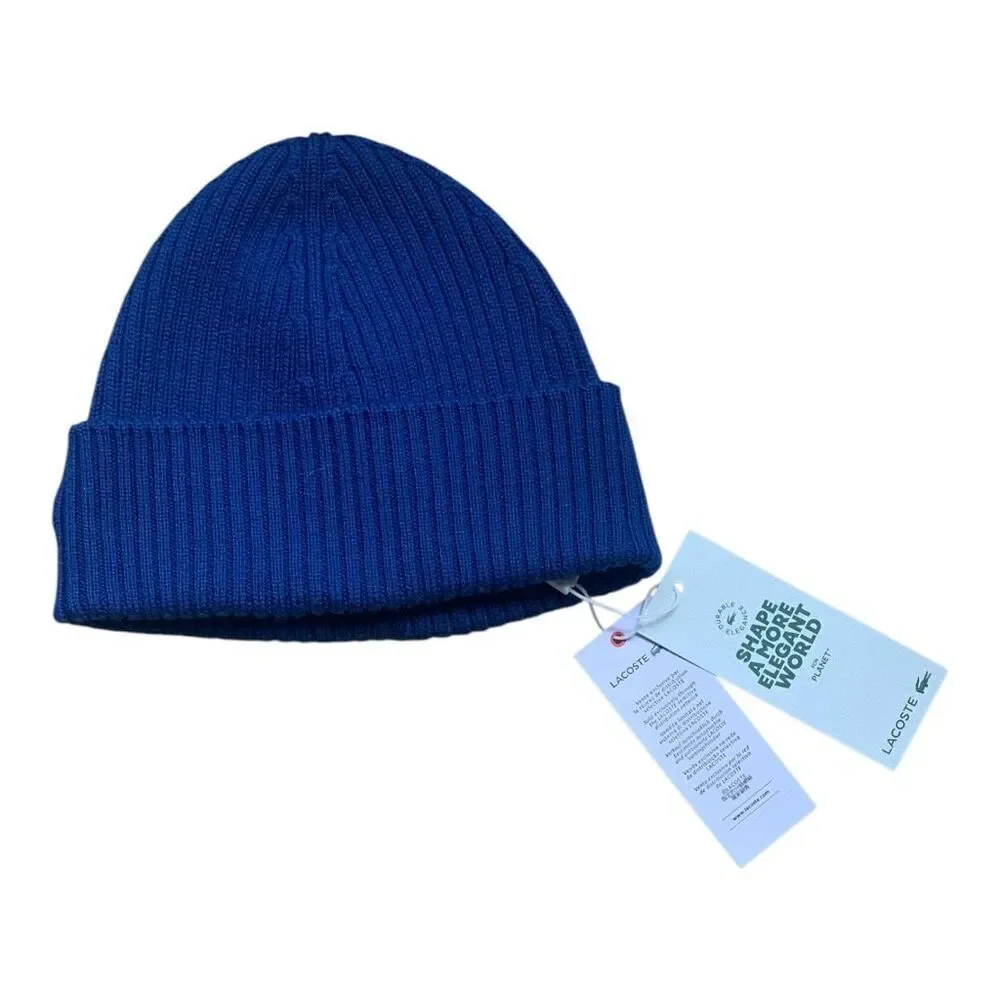 Lacoste Unisex Rib Knit Beanie Hat Wool Cuffed Winter Cap w/ Crocodile Logo Blue